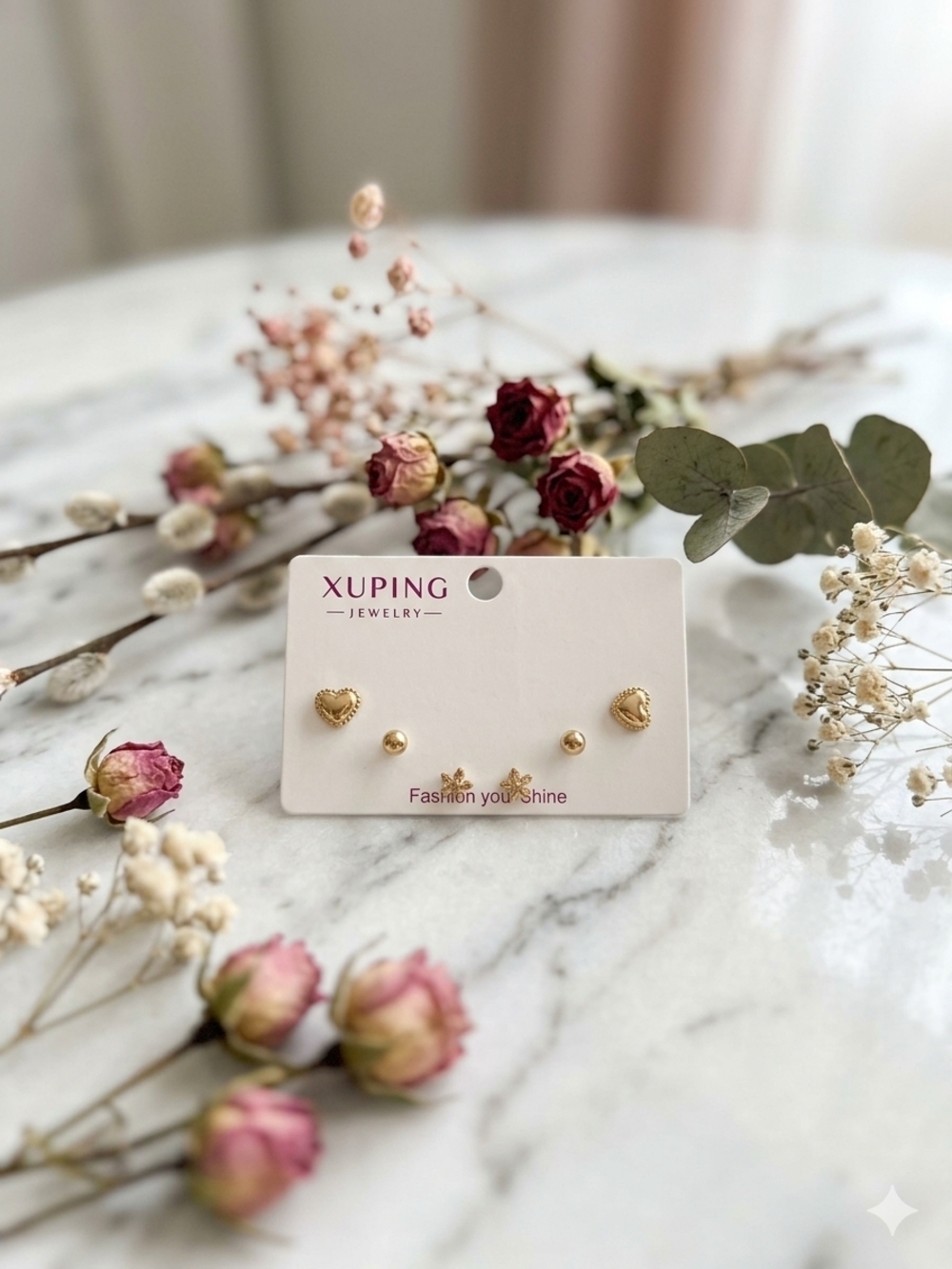 Xuping Gold-Tone Heart & Stud Earring Set - Pink Accent